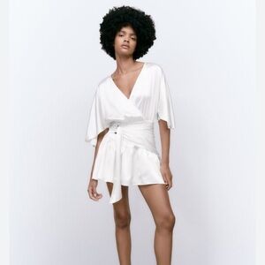 Zara Ivory Satin Ruffle Mini Dress built in short Size S